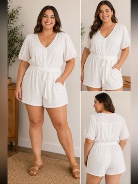 Lane Bryant White Eyelet Romper Women’s Size 18 Cottagecore Boho